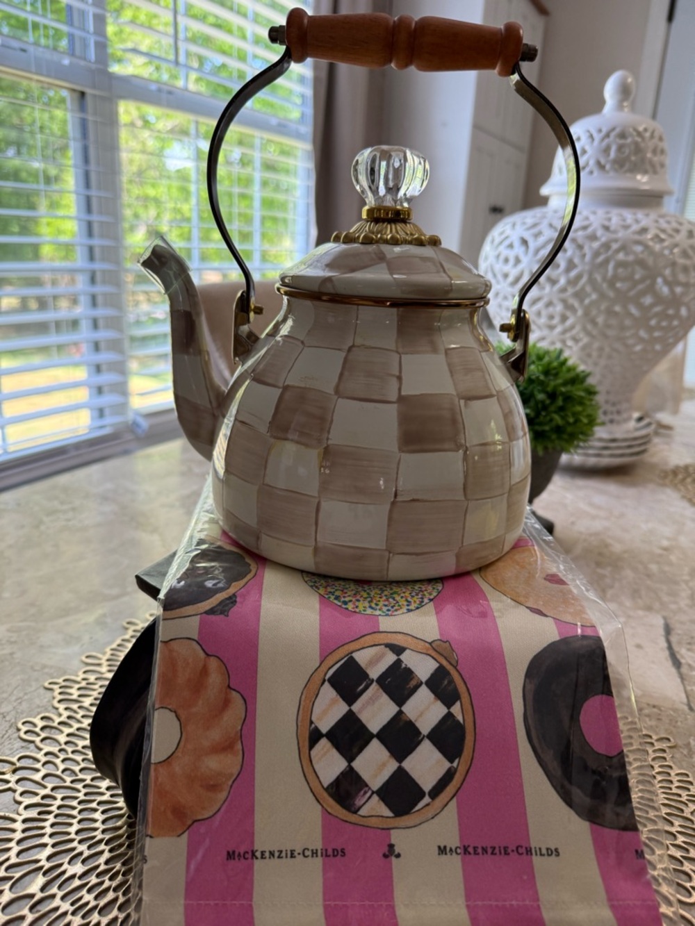 Mackenzie-Childs mocha  Checkered Ceramic Teapot with Wood Handle.